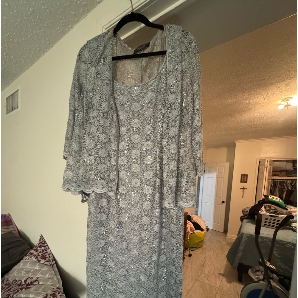 Grey grandmother of the bride dress. Sequins